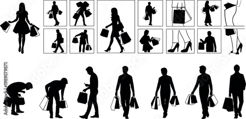 Shopping people silhouettes collection with men and women carrying bags walking standing and posing black figures isolated