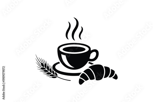 Hot coffee cup with croissant and wheat ear breakfast flat icon sign.