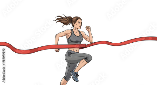 Athletic Female Runner Crossing the Finish Line and Breaking Red Ribbon, Achievement and Success Concept Comic Style Illustration Isolated on White