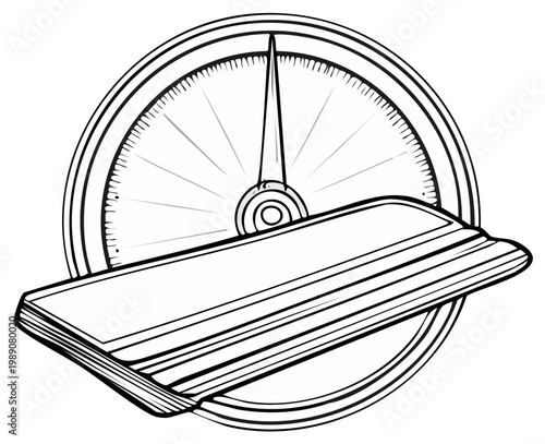 Line art illustration featuring a ledger book placed against a compass face signifying financial navigation and direction