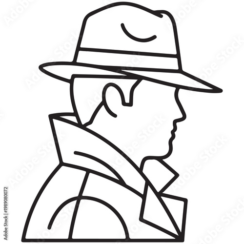 Detective profile line art vector illustration of a man in a fedora and trench coat for mystery and investigation themes
