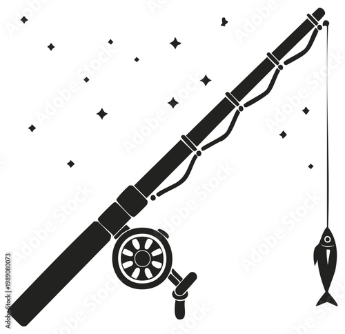 Silhouette of a fishing rod with a reel and a caught fish dangling on the line