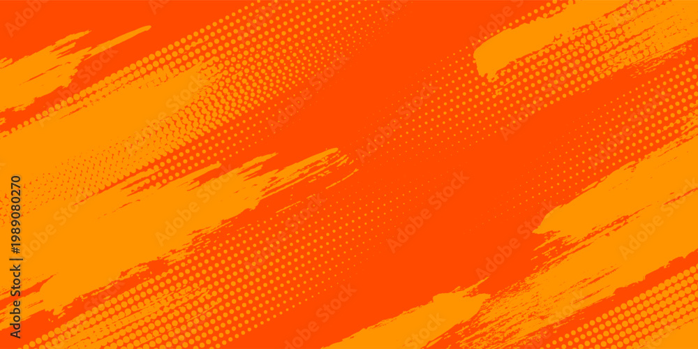 Fototapeta premium Abstract orange and yellow grunge background with halftone dots and brush stroke texture. Vibrant vector illustration for sport poster, urban banner, or comic book style design.