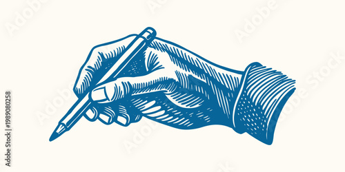 Vector hand-drawn illustration of hand, writing with a pen in sketch style, Hand drawn illustration depicts hands holding paint brush, artist palette, pencil sketching a building, and signing