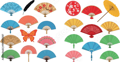 Colorful Asian folding hand fans collection with traditional patterns parasol feather and butterfly decorative vector set isolated