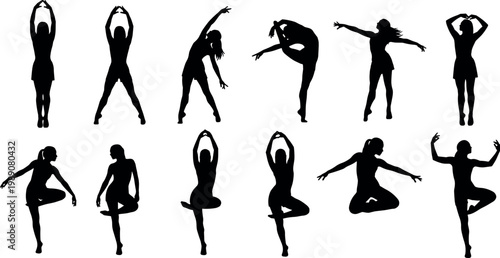 Set of female yoga and fitness silhouettes showing different poses balance stretching and meditation black figures isolated on white background