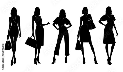 Fashion style full body woman silhouette set with elegant female poses runway inspired vector isolated