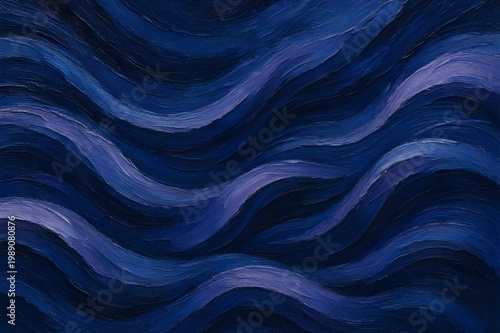 Abstract oil painting featuring flowing wave-like patterns in deep blue and indigo tones. Rich textured brush strokes and layered paint create a dynamic and elegant composition, ideal for backgrounds.