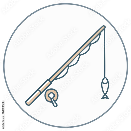 Fishing rod icon casting line with fish bait and fishing reel in circular frame vector illustration
