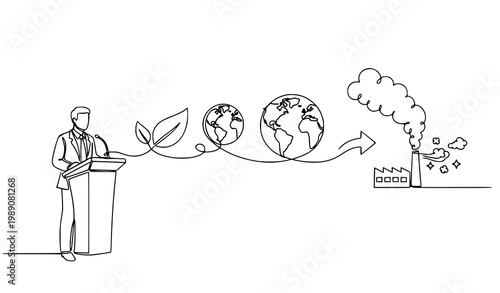 Environmental speech concept continuous line businessman podium eco pollution awareness vector outline