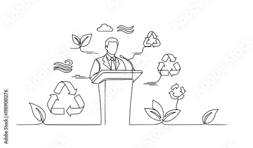 Eco awareness campaign businessman podium continuous line art vector pollution prevention outline design