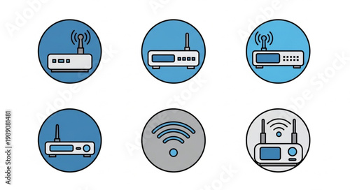 Collection of Wireless Routers and Wi-Fi Signal Icons.