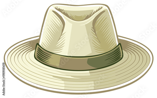 Elegant straw fedora hat with band. Stylish illustration.