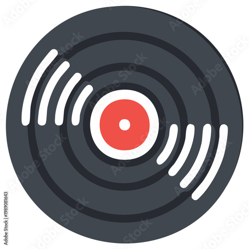 Stylized vinyl record icon with red center and white sound waves representing music audio sound