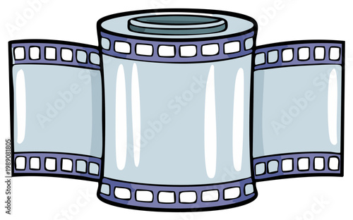 Stylized graphic illustration of a vintage film reel and blank movie strips for photography or cinema themes