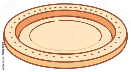 Simple cartoon illustration of a beige plate with a brown rim and decorative dots.