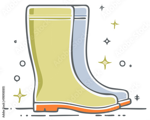 Pair of Pastel Colored Rain Boots Ready for Gardening or Outdoor Work, Illustrated Style