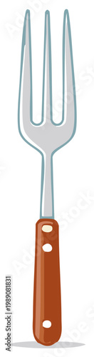 Drawn BBQ Fork Isolated, Stainless Steel Meat Fork with Wooden Handle, Barbecue Utensil Illustration