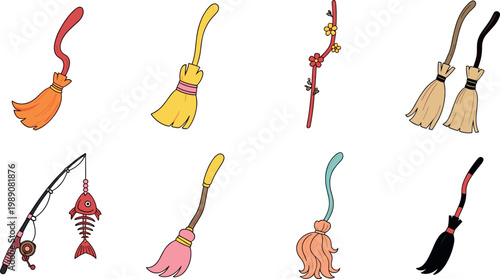 Traditional broom vector set with decorative cleaning tools witch broomsticks rustic household sweep equipment illustration collection