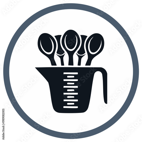Cooking measurements graphic showing a measuring cup filled with spoons inside a circle frame, simple recipe illustration