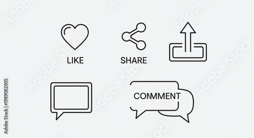 Social media icons for like share comment and upload.