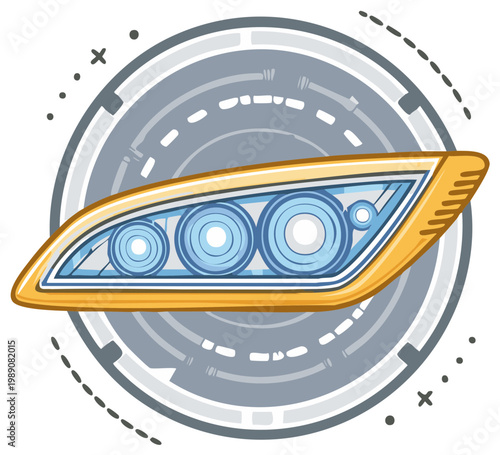 Automotive vehicle headlight graphic design with multiple blue lenses and dynamic circular background