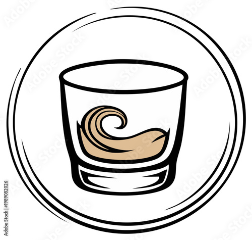 Stylized vector illustration of a whiskey glass with a swirling wave splash logo icon