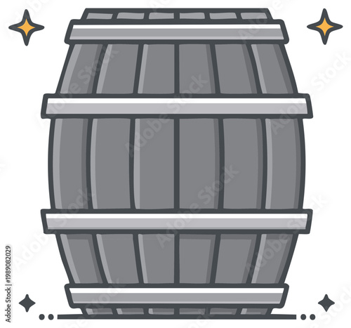 Cartoon Styled Gray Wooden Barrel Storage Container with Stars for Illustration or Graphic Design Projects and Uses