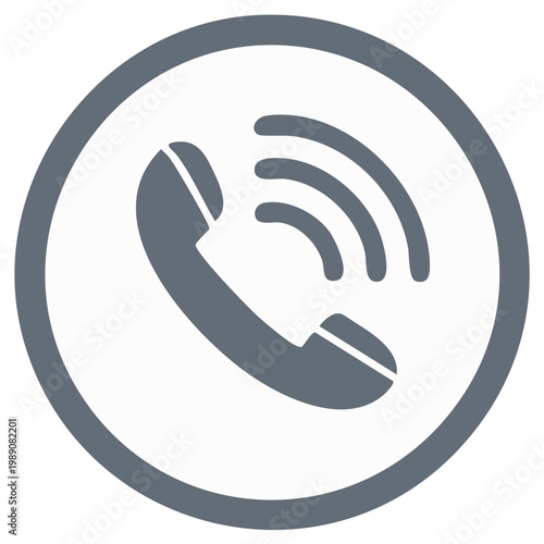 Minimalist gray phone icon with active call sound waves within a circular frame