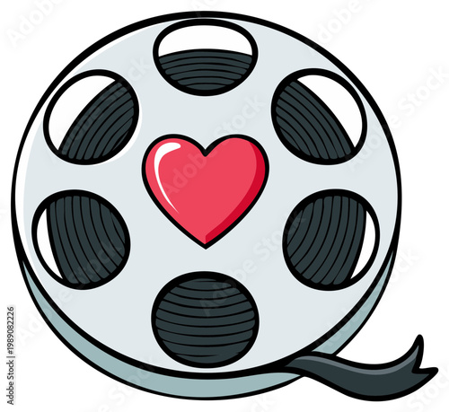 Cartoon film reel with a red heart symbol representing love for cinema and romantic movies.