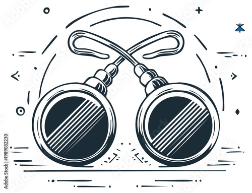 Vintage Metal Handcuffs Cross Illustration Black and White Sketch with Abstract Elements