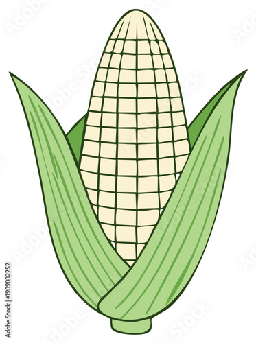 Illustrative Corn Cob with Green Husk, Fresh Harvest Vegetable Icon, Food Ingredient, Farm Produce, Cartoon Style