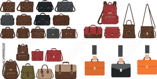Leather bags collection backpacks handbags briefcases and travel luggage set stylish fashion accessories vector illustration isolated design