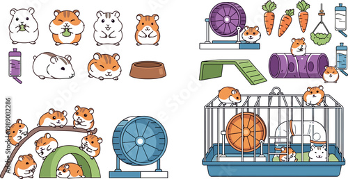 Cute hamster pets and cage accessories collection cartoon small animals playing eating running set adorable vector illustration isolated