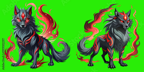 A striking fantasy illustration of a dark wolf with glowing red markings and fiery accents, presented in a bold and dynamic style against a bright background.