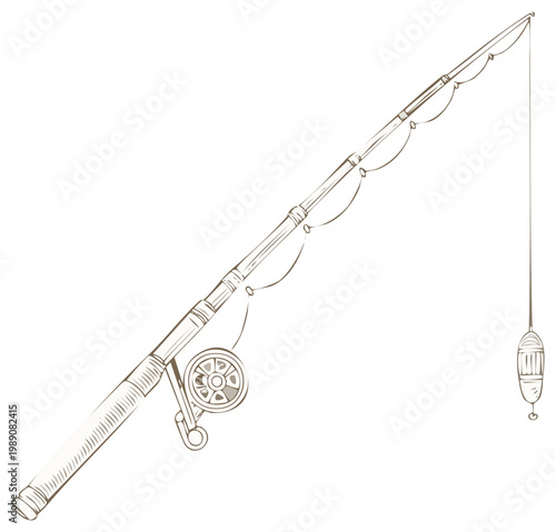 Detailed hand drawn fishing rod reel and bobber illustration outline