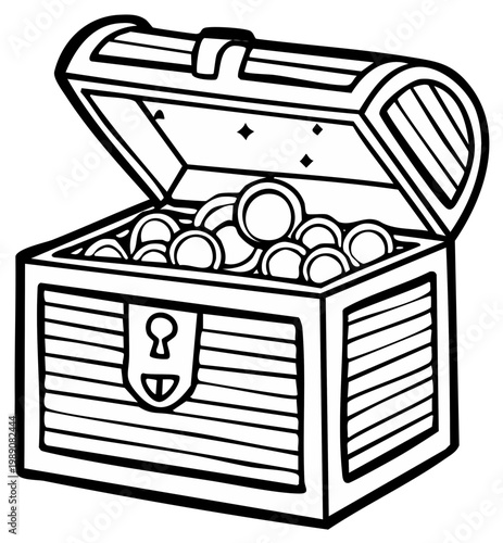 Open treasure chest full of gold coins black and white cartoon line art illustration