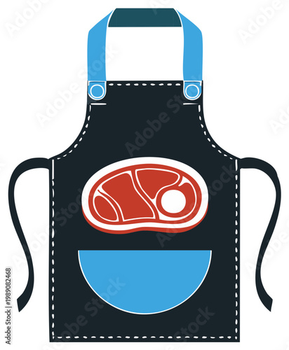 Black cooking apron with a raw beef steak emblem for a butcher or BBQ chef