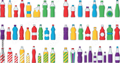Colorful plastic bottles collection various shapes drink containers set reusable beverage packaging vector illustration isolated on white background
