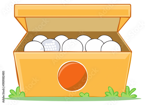 Cartoon yellow box full of golf balls, one with dimples, sitting on green grass illustration.