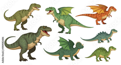 Collection of various cartoon dinosaurs and mythical creatures.