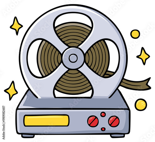 Retro reel-to-reel tape recorder illustration with sparkling details playing magnetic audio tape