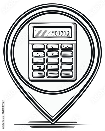 Calculator icon within location pin marker for calculation concept. Accounting and finance outline vector sketch for applications