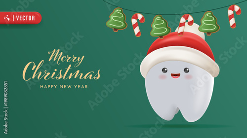 Cute 3D Tooth Character Wearing Santa Hat. Merry Christmas and Happy New Year Greeting