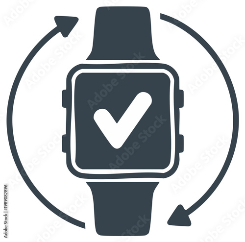 Smartwatch icon design with check mark and circular arrow symbol, digital watch concept