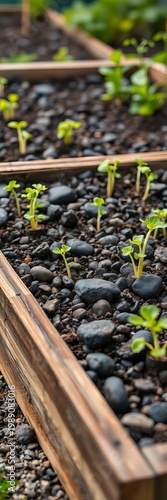 Raised bed garden with sprouts and dark stones,  vibrant,  natural light