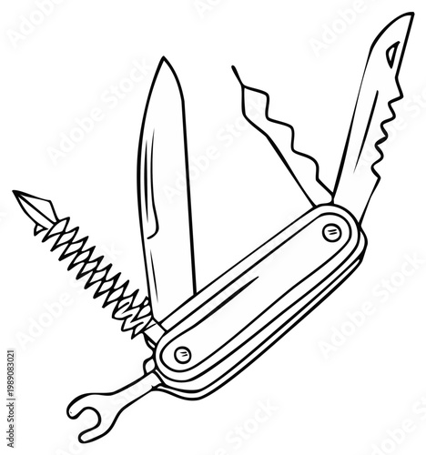 Multi Purpose Pocket Knife Outlined Icon with Various Tools Open