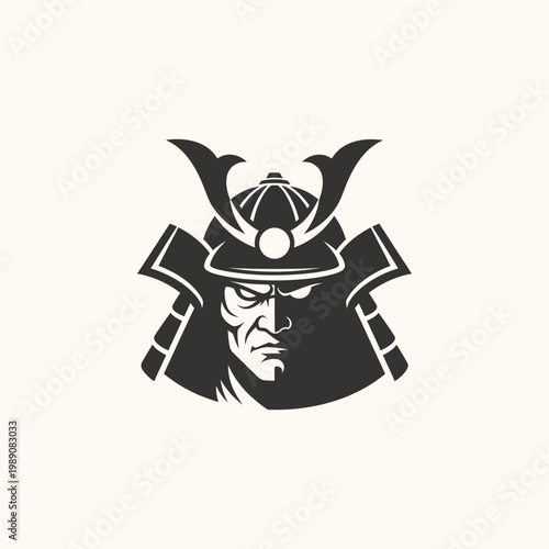 Tableau sur toile Powerful Samurai Warrior Head with Traditional Kabuto Helmet Mascot Logo Illustr