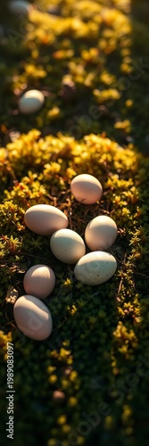 Softly diffused morning light illuminates a scatter of pastel painted eggs nestled in faded moss, a whisper of forgotten spring,  springtime,  natural