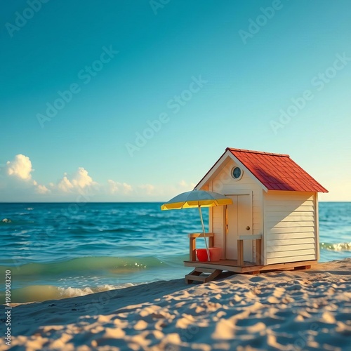 Tiny beach house and umbrella evoke family vacation memories by the sea,  seaside,  vacation home